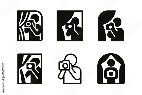 Behind-the-Scenes Icons. Behind-the-Scenes Content Tips. Icon set. Set Logo of authentic creation: creator holding camera behind curtain. harmonious logo