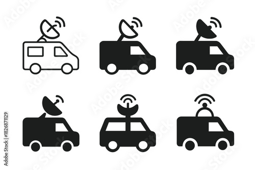 Broadcast Logo Variations. Broadcast journalism. Icon set. Set Logo of Broadcast journalism: news van with mast. harmonious logo variations of the same
