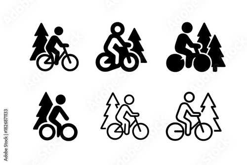Bicycle Adventure Icons. Bicycles & Outdoor Activities. Icon set. Set Logo of weekend ride: person with bicycle near trees. harmonious logo variations of the