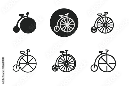 Vintage Transport Icons. Historical transportation methods (ships, planes, automobiles). Icon set. Set Logo of historical transport: vintage bicycle.