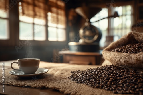 Enjoying a Warm Cup of Coffee With Roasted Beans on a Rustic Wooden Table in ...
