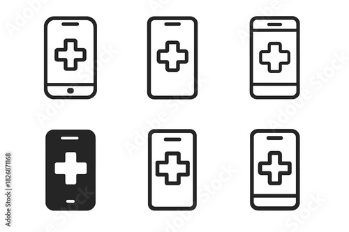 Digital Health Logos. Digital health startups. Icon set. Set Logo of digital health startups: smartphone with medical cross symbol. harmonious logo variations