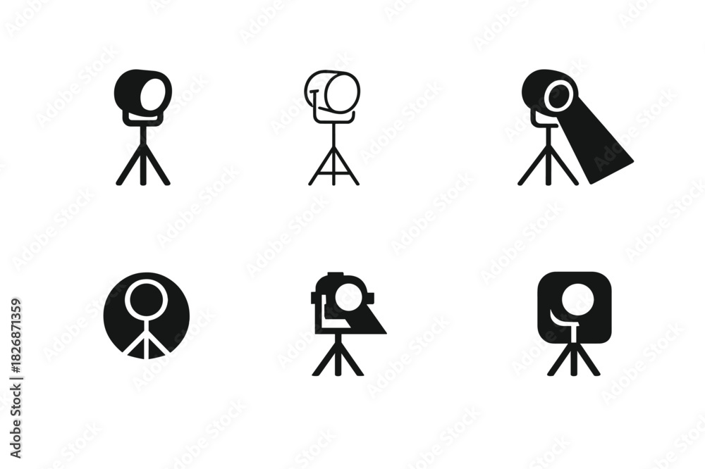 Fototapeta premium Theater Rehearsal Icons. Theater rehearsal scene. Icon set. Set Logo of Theater rehearsal scene: spotlight on stand. harmonious logo variations of the same