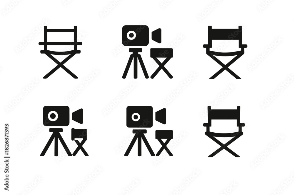 Obraz premium Director's Chair Icons. Behind-the-Scenes Content Tips. Icon set. Set Logo of storytelling process: director chair and camera tripod. harmonious logo