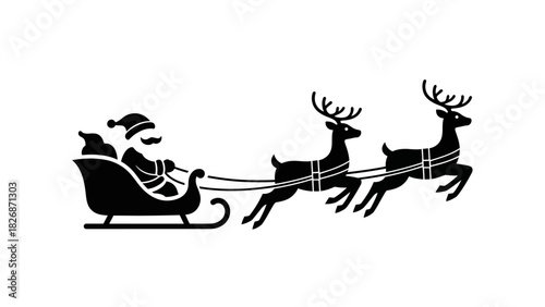 Black Silhouette of Santa Claus Riding in a Sleigh Pulled by Reindeer