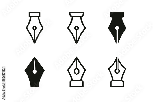 Artistic Tool Logos. Fine art techniques and tools. Icon set. Set Logo of Fine art techniques and tools: fountain pen nib for ink drawing. harmonious logo