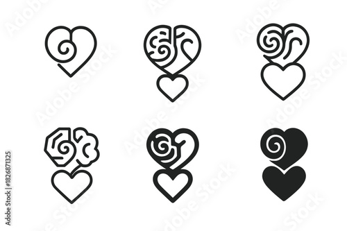 Emotional Brain Logos. The brain's role in anxiety and depression. Icon set. Set Logo of the brain's role in anxiety and depression: neural spiral blending