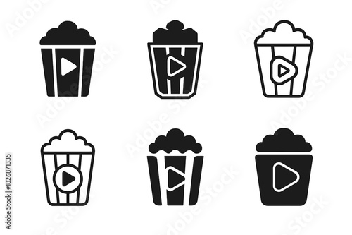 Popcorn Movie Icons. Watching Your Favorite TV Show or Movie with Popcorn. Icon set. Set Logo of cinematic joy: popcorn bucket and play button. harmonious logo