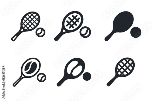 Diverse Tennis Logos. Sports equipment. Icon set. Set Logo of Sports equipment: tennis racket and ball. harmonious logo variations of the same emblematic