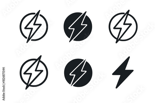 Electricity Flow Logos. How electricity flows. Icon set. Set Logo of how electricity flows: lightning bolt. harmonious logo variations of the same emblematic