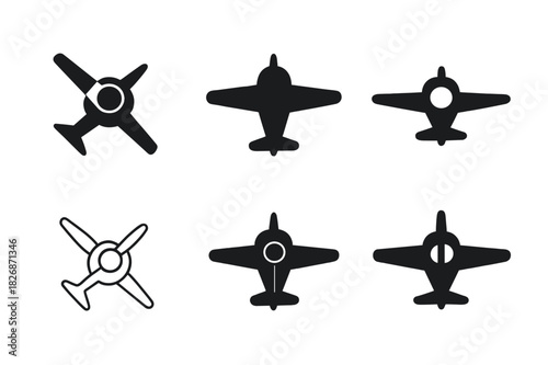 Historic Transport Icons. Historical transportation methods (ships, planes, automobiles). Icon set. Set Logo of historical transport: propeller airplane.