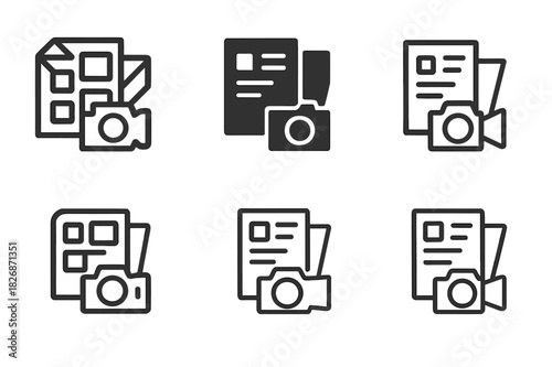 Content Workflow Icons. Behind-the-Scenes Content Tips. Icon set. Set Logo of content workflow: storyboard, script, and camera icons. harmonious logo