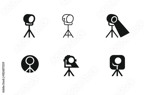 Theater Rehearsal Icons. Theater rehearsal scene. Icon set. Set Logo of Theater rehearsal scene: spotlight on stand. harmonious logo variations of the same