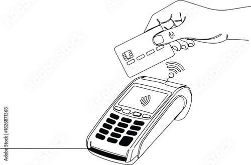 Contactless payment line art, credit card over POS terminal, digital money.