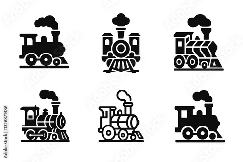 Classic Transport Icons. Historical transportation methods (ships, planes, automobiles). Icon set. Set Logo of historical transport: classic steam locomotive.