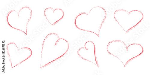 Hand-drawn chalk-style hearts set for love, romance, Valentine’s Day cards, and wedding design themes, vector illustration