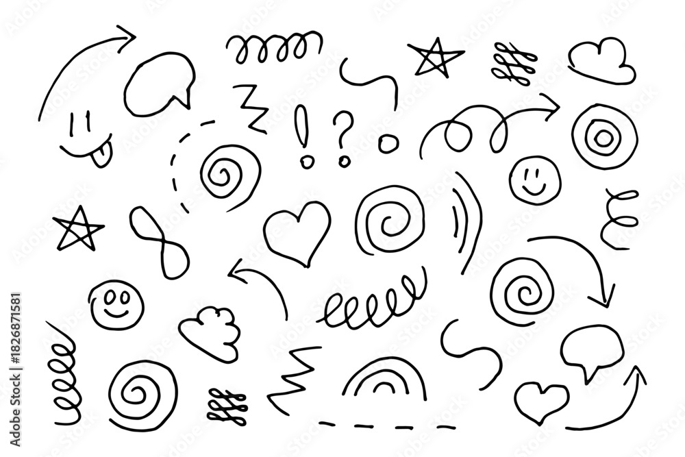 Fototapeta premium Hand-drawn doodle elements with arrows, hearts, spirals, symbols, and sketch icons for creative design, notes, and playful graphics, vector illustration