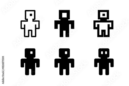 Indie Game Icons. Indie games. Icon set. Set Logo of indie games: pixelated character. harmonious logo variations of the same emblematic concept, each with