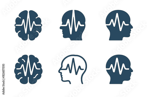 Emotion Brain Logos. How emotions are processed in the brain. Icon set. Set Logo of How emotions are processed in the brain: EEG wave merging with brain