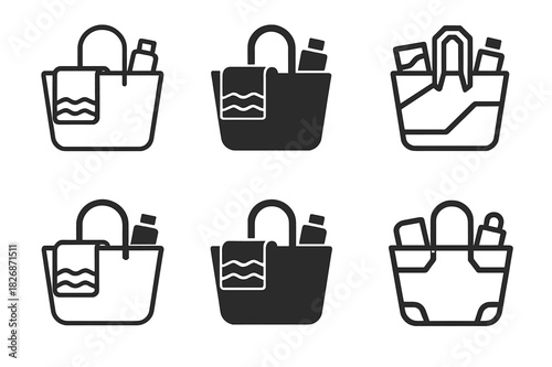 Beach Bag Logos. Packing a beach bag. Icon set. Set Logo of packing a beach bag: open tote bag with towel and sunscreen inside. harmonious logo variations of