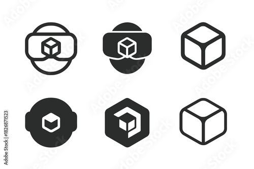 Virtual Reality Logos. Virtual reality gaming. Icon set. Set Logo of VR experience: 3D cube with headset outline. harmonious logo variations of the same