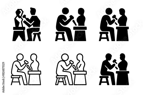 Artists at Work Icon. Artists at work in their studios. Icon set. Set Logo of Artists at work in their studios: sculptor with chisel and mallet. harmonious