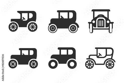 Historical Transport Icons. Historical transportation methods (ships, planes, automobiles). Icon set. Set Logo of historical transport: antique automobile.