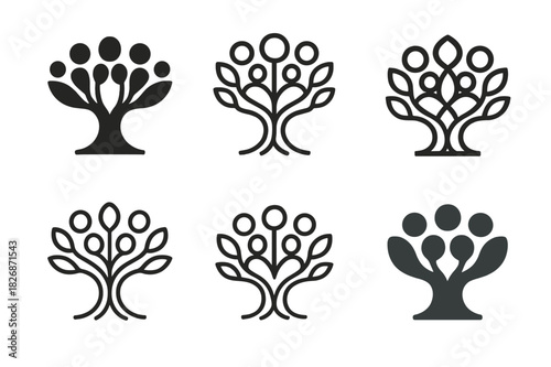 Blended Family Icons. Relationship dynamics in blended families. Icon set. Set Logo of blended families: family tree with merging branches. harmonious logo