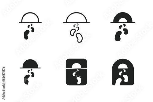 Life's Journey Icons. Contemplating the end of life and legacy. Icon set. Set Logo of Contemplating the end of life and legacy: footprints fading into horizon.