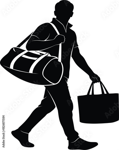 Man carrying luggage silhouette vector walking with travel bag shopping bag tourism trip journey concept
