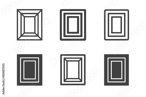 Cabinet Door Logos. Cabinet door. Icon set. Set Logo of cabinet door: classic wooden panel with inner bevel lines. harmonious logo variations of the same