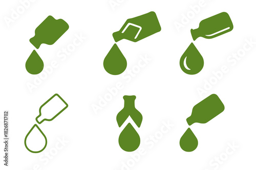 Olive Oil Logos. pouring olive oil. Icon set. Set Logo of pouring olive oil: oil drop. harmonious logo variations of the same emblematic concept, each with