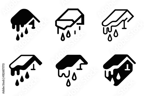 Melting Snow Logos. Melting snow off roof. Icon set. Set Logo of Melting snow off roof: snow guard brackets holding snow layer. harmonious logo variations of