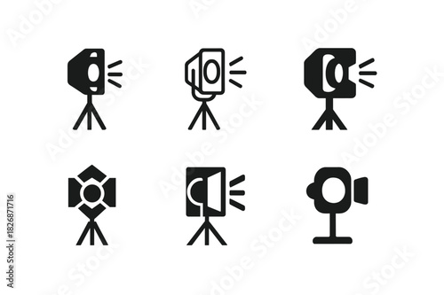 Theater Rehearsal Icons. Theater rehearsal scene. Icon set. Set Logo of Theater rehearsal scene: spotlight on stand. harmonious logo variations of the same