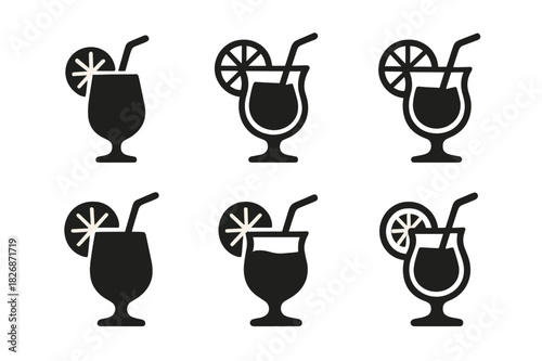 Mocktail Logo Set. Mocktails. Icon set. Set Logo of mocktails: fruit garnish and glass combined into a cheerful emblem. harmonious logo variations of the same