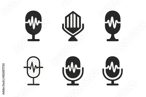 Broadcast Journalism Icons. Broadcast journalism. Icon set. Set Logo of Broadcast journalism: audio waveform merging into mic. harmonious logo variations of