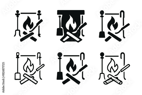 Fireplace Logo Set. Lighting the fireplace. Icon set. Set Logo of Lighting the fireplace: fireplace tool set arranging logs. harmonious logo variations of the