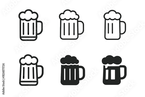 Beer Mug Logos. Beer mug. Icon set. Set Logo of beer mug: craft brewery emblem. harmonious logo variations of the same emblematic concept, each with different