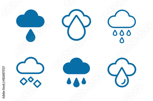 Rain Icon Variations. How rain is formed. Icon set. Set Logo of How rain is formed: falling raindrop. harmonious logo variations of the same emblematic