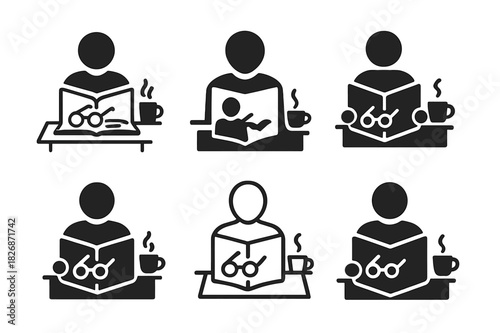 Self-Help Reading Icons. A person reading a self-help book at a cafe or library. Icon set. Set Logo of A person reading a self-help book at a cafe or library: