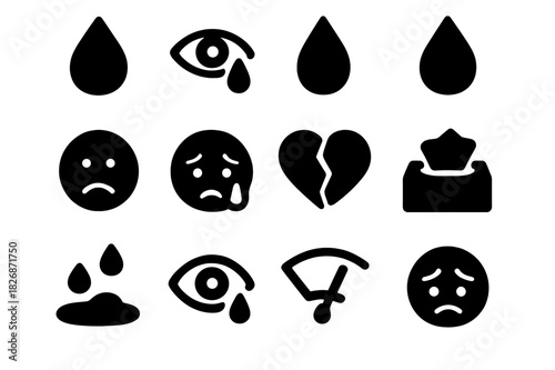 Sadness Icon Set. Crying and Sadness. Solid icon set of teardrop, eye with tear, crying face, water droplet, sobbing emoji, frown, broken heart, puddle,