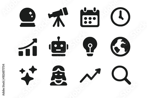 Forecast Icons Grid. Forecast Icons. Solid icon set of crystal ball, telescope, calendar, clock, graph, AI robot, light bulb, globe, stars, fortune teller,