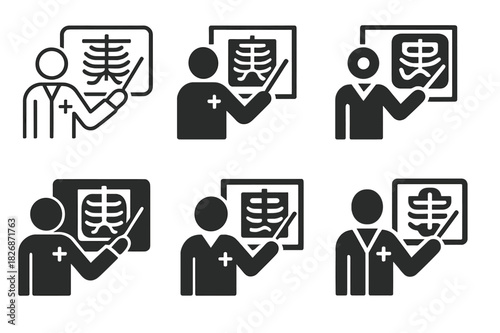 Doctor X-ray Explanations Icons. Doctor explaining X-ray results. Icon set. Set Logo of Doctor explaining X-ray results: doctor with pointer indicating chest