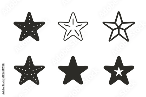 Starfish Logo Variations. Starfish. Icon set. Set Logo of starfish silhouette. harmonious logo variations of the same emblematic concept (Symmetrical form,