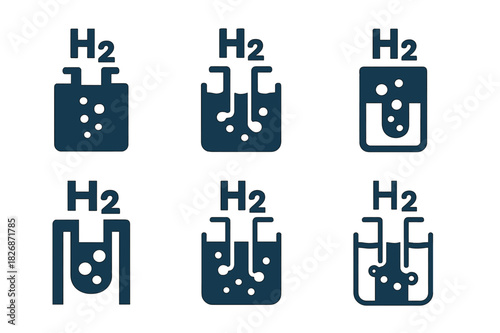 Hydrogen Fuel Logos. Hydrogen fuel technology. Icon set. Set Logo of hydrogen fuel technology: electrolyzer producing hydrogen bubbles. harmonious logo