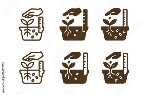 Seeds in Pots Icons. Planting seeds in pots. Icon set. Set Logo of Planting seeds in pots: depth ruler showing sowing line in pot. harmonious logo variations