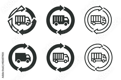 Circular Supply Chain Icons. Circular supply chains. Icon set. Set Logo of circular supply chains: truck and container forming circular path. harmonious logo