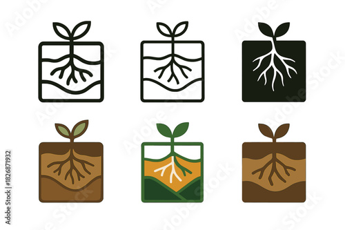 Humus Logo Variations. Humus. Icon set. Set Logo of humus: handful of fertile soil with leaf sprouting. harmonious logo variations of the same emblematic