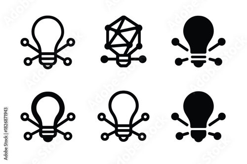 Smart Bulb Logos. Setting up smart bulbs. Icon set. Set Logo of smart lighting: light network nodes. harmonious logo variations of the same emblematic concept,