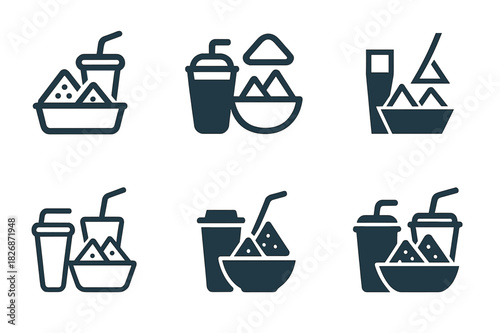 Family Movie Icon Set. Organizing a family movie marathon. Icon set. Set Logo of Organizing a family movie marathon: snack tray with soda and nachos.